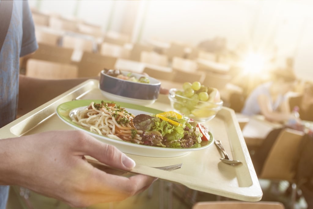 Tablett mit essen in einer Mensa bze. Kantine