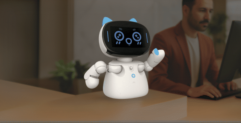 Foto der Rezeptionsassistenz Yuna, einem Roboter, an der Rezeption.