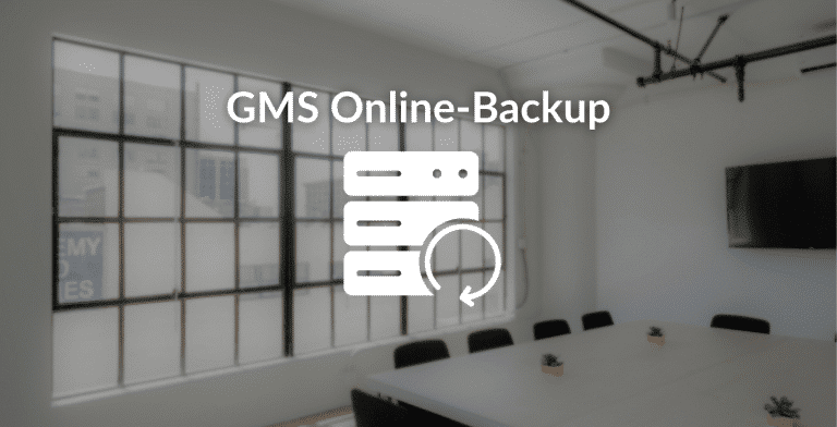 Foto eines Büros im Hintergrund. Im Vordergrund weißer Text "GMS Online-Backup"